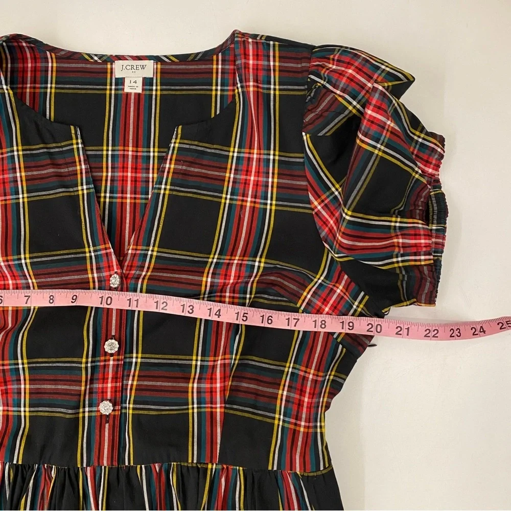 J.Crew || Stewart Tartan Puff-Sleeve Midi Dress With Jeweled Buttons Black 14‎